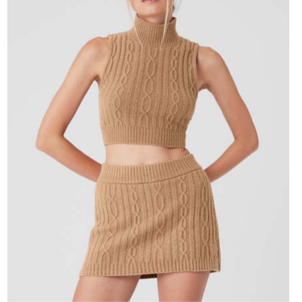 Alo Cable Knit Winter Bliss Mock Neck Tank and Mini Skirt matching set